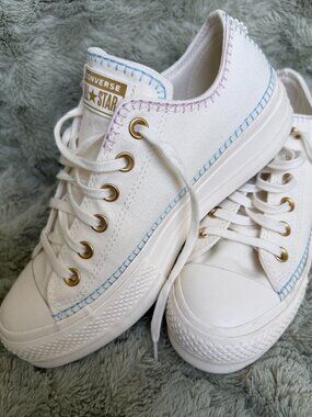 Converse All Star Embroidered Platform Sneakers White & Pastel | Women's 8